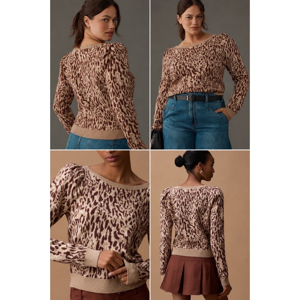 Maeve Anthropologie Leopard Puff Sleeve Knit Sweater 1X Plus Animal Print‎